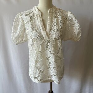 CONNIE ROBERSON BLOUSE TOP LACE FLORAL PUFF SLEEVE DAINTY FEMININE WHITE XS